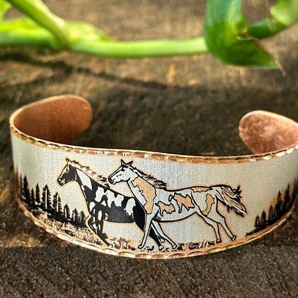 Handmade Boho Estuarian Bracelet, Wide Cuff Appaloosa Horses Bracelet, Gift Box - Picture 2 of 9